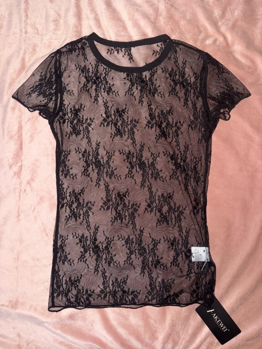 Black Lace Short Sleeve Sheer Tee
